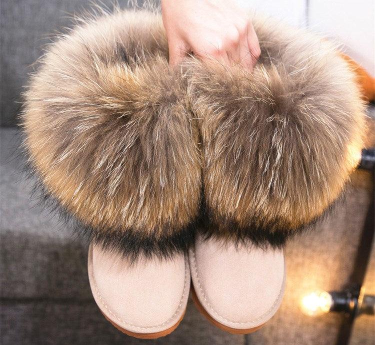 Cute Fashion Genuine Cowhide leather women's boots - real fox fur - winter warm ankle boots, various colors, plus size (FS)(CD)(1U40)(1U38)(1U107)