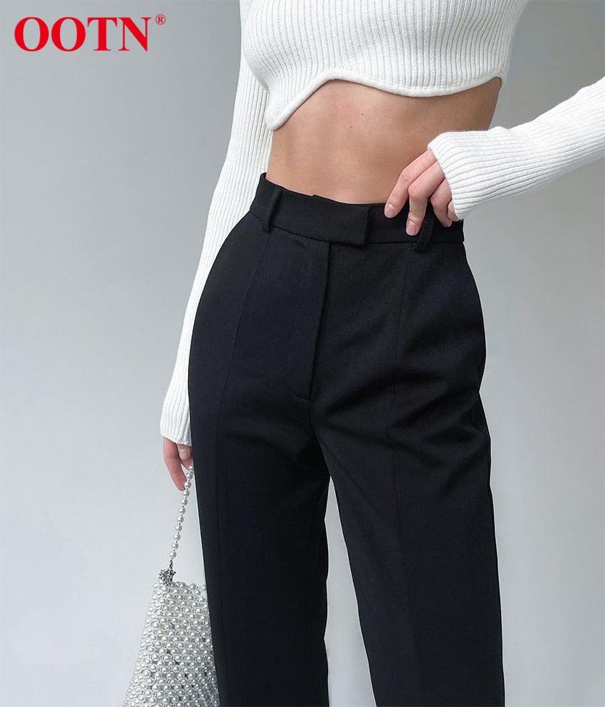 High Street Fashion Black Boot Cut Pants - Female High Waist Split Elastic Waist Slim Trouser For Women Wild Plus Length Pant (BP)(1U25) - Deals DejaVu