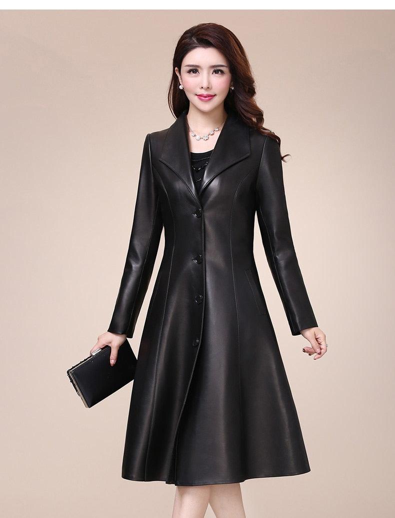 Spring autumn long black soft faux leather coat - Women long sleeve buttons slim fit Elegant leather jacket women (TB8B)(TB8A)(TP3)(1U23) - Deals DejaVu
