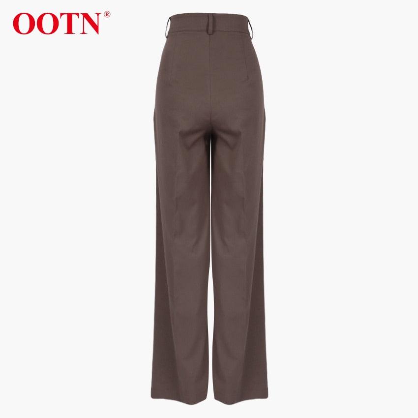 Great Office Work Lady Brown Trouser High Waist Elegant Korean Autumn Buttons Straight Pants For Women Pocket Female Pants new (BP)(1U25) - Deals DejaVu