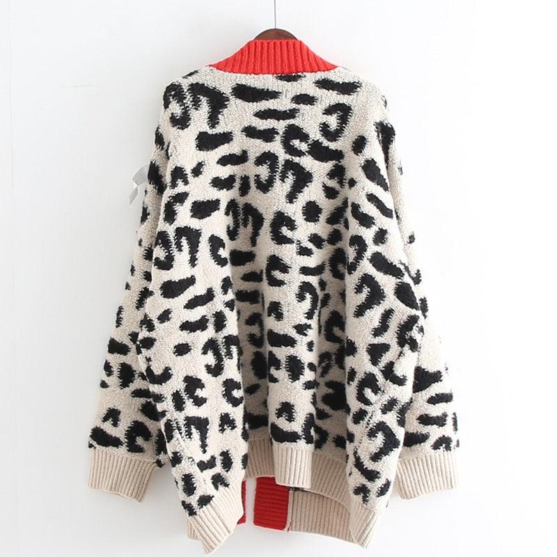 Women Fashion Long Sweater and Cardigans - Open Stitch Leopard Casual Cardigans Red and Yellow Oversized Knit Jacket Out Coat (TP4)(TB8C)(1U23) - Deals DejaVu