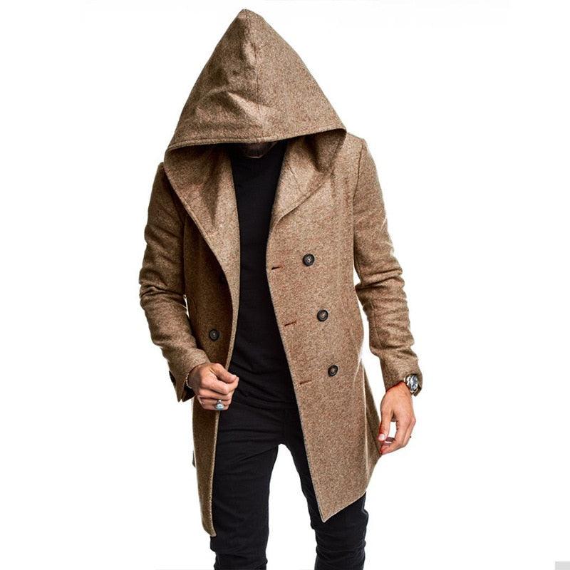 Solid Winter Trench Mens England Style Long Sleeve - Casual Slim Warm Double Breasted Coats Men Hooded Male Hoodies (D100)(TM4)(CC1) - Deals DejaVu