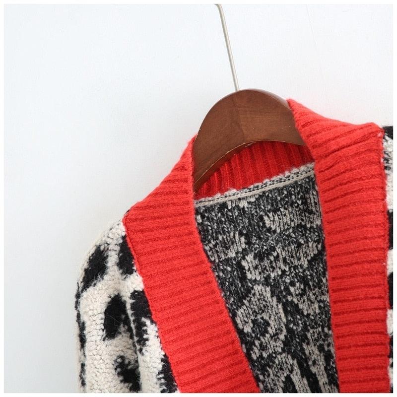 Women Fashion Long Sweater and Cardigans - Open Stitch Leopard Casual Cardigans Red and Yellow Oversized Knit Jacket Out Coat (TP4)(TB8C)(1U23) - Deals DejaVu