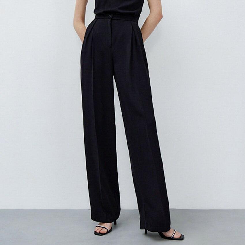 Cute Black Trouser Office Wear Wild High Waist Spring Pleated Elegant Straight Pants Plus Length -Pocket Basic Casual Women Pants (BP)(1U25) - Deals DejaVu