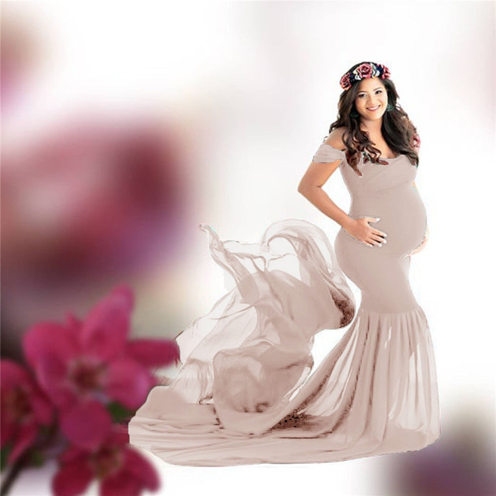 Long Maternity Photography Props Pregnancy Dress For Photo Shooting Off Shoulder - Maxi Maternity Gown (1U5)(Z6)(Z8)(1Z1)(2Z1)(3Z1)(4Z1)(7Z1)