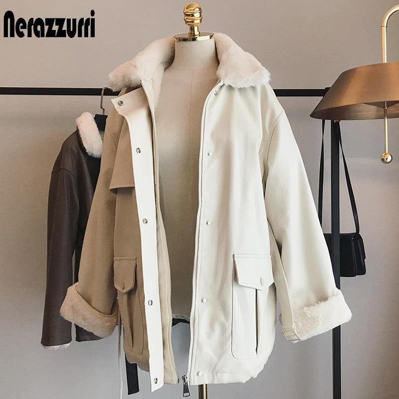 New Winter Oversized Leather Jacket - Women with Faux Rex Rabbit Fur Inside Warm Soft Thickened Fur Lined Coat Long Sleeve (TB8B)(TB8A)(TP3)(1U23) - Deals DejaVu