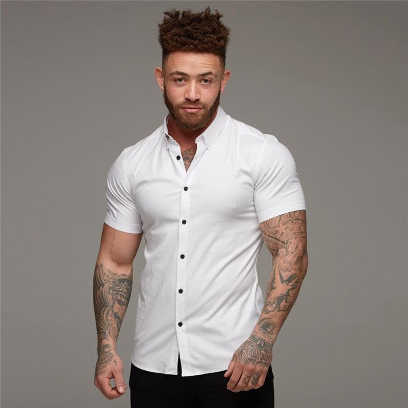 Summer Fashion Short Sleeve Shirt - Men Solid Super Slim Fit - Male Social Business - Men Gym Fitness(TM1)(T2G)(1U8)(TM8)