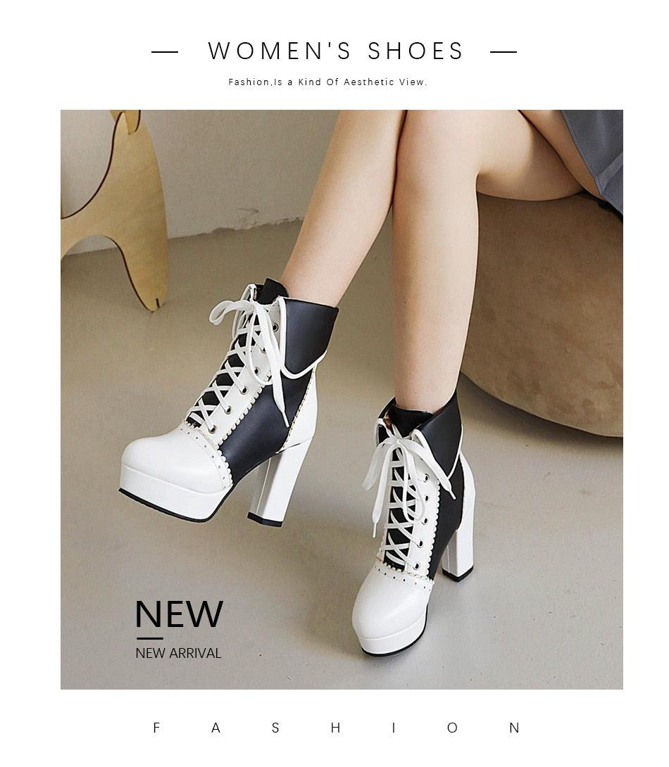 Sweet Cosplay Lolita Shoes Women Ankle Boots High Heels Ruffles Dress Wedding Shoes Bride Mixed Colors Lace Up (BB2)(CD)(WO4)(BB5)(F38)(3U38) - Deals DejaVu