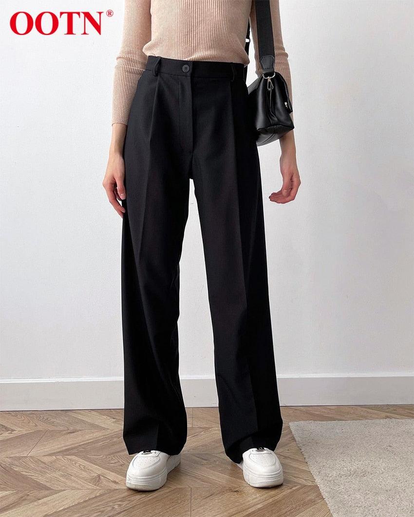 New Casual Baggy Trouser Women All-Match Pleated Spring High Waist Black Straight Pants - Office Elastic Waist Pocket Pants Lady (BP)(1U25) - Deals DejaVu