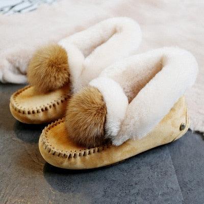 New Winter 100% Genuine Leather Real Wool Women Flats - New Fashion Female Moccasins Casual Loafers Plus Size Snow Shoes (FS)(CD)(1U40)(1U38)(1U107)