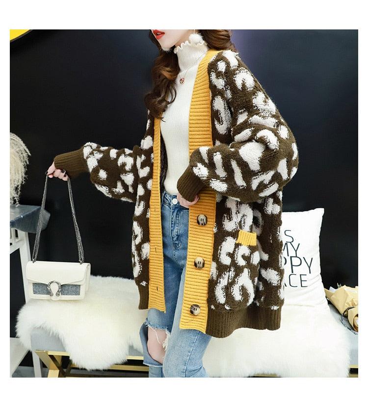 Women Fashion Long Sweater and Cardigans - Open Stitch Leopard Casual Cardigans Red and Yellow Oversized Knit Jacket Out Coat (TP4)(TB8C)(1U23) - Deals DejaVu