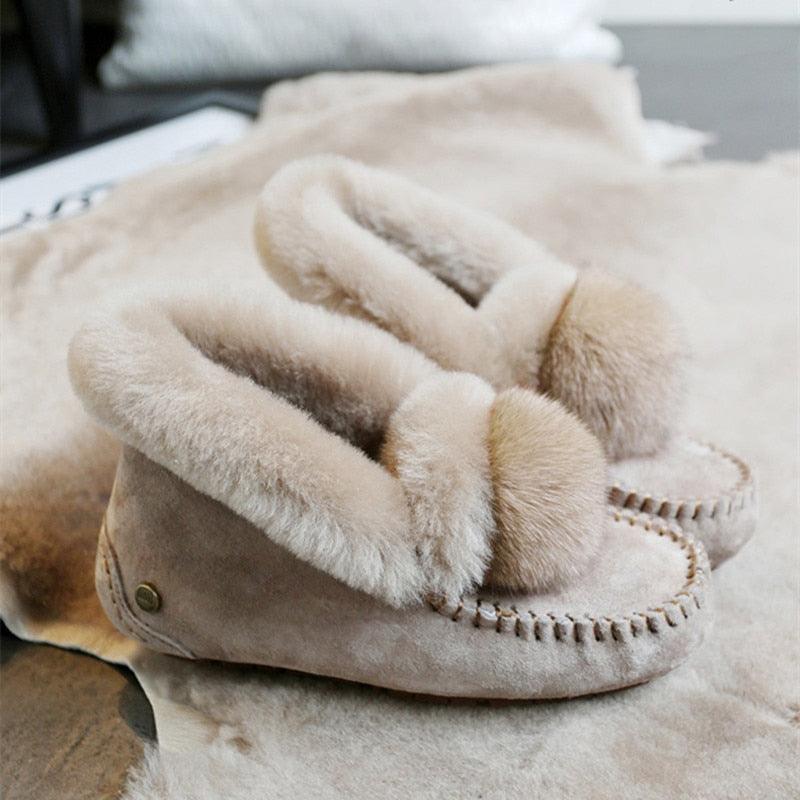 New Winter 100% Genuine Leather Real Wool Women Flats - New Fashion Female Moccasins Casual Loafers Plus Size Snow Shoes (FS)(CD)(1U40)(1U38)(1U107)