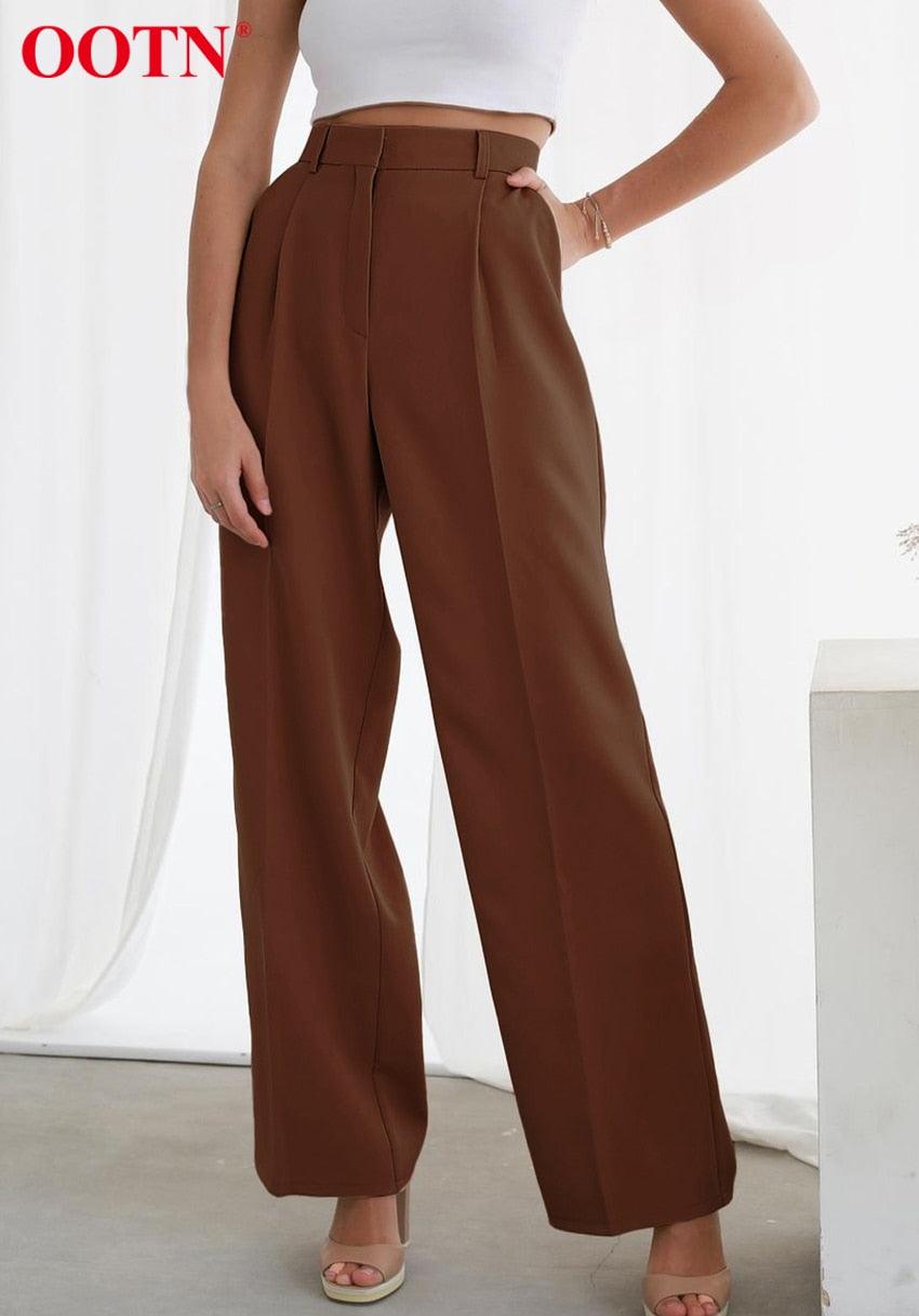 Office lady Baggy Trouser High Waist Elegant All-Match Wide Leg Pants - Women Plus Length Spring Pocket Zipper Street Pants (BP)(1U25) - Deals DejaVu