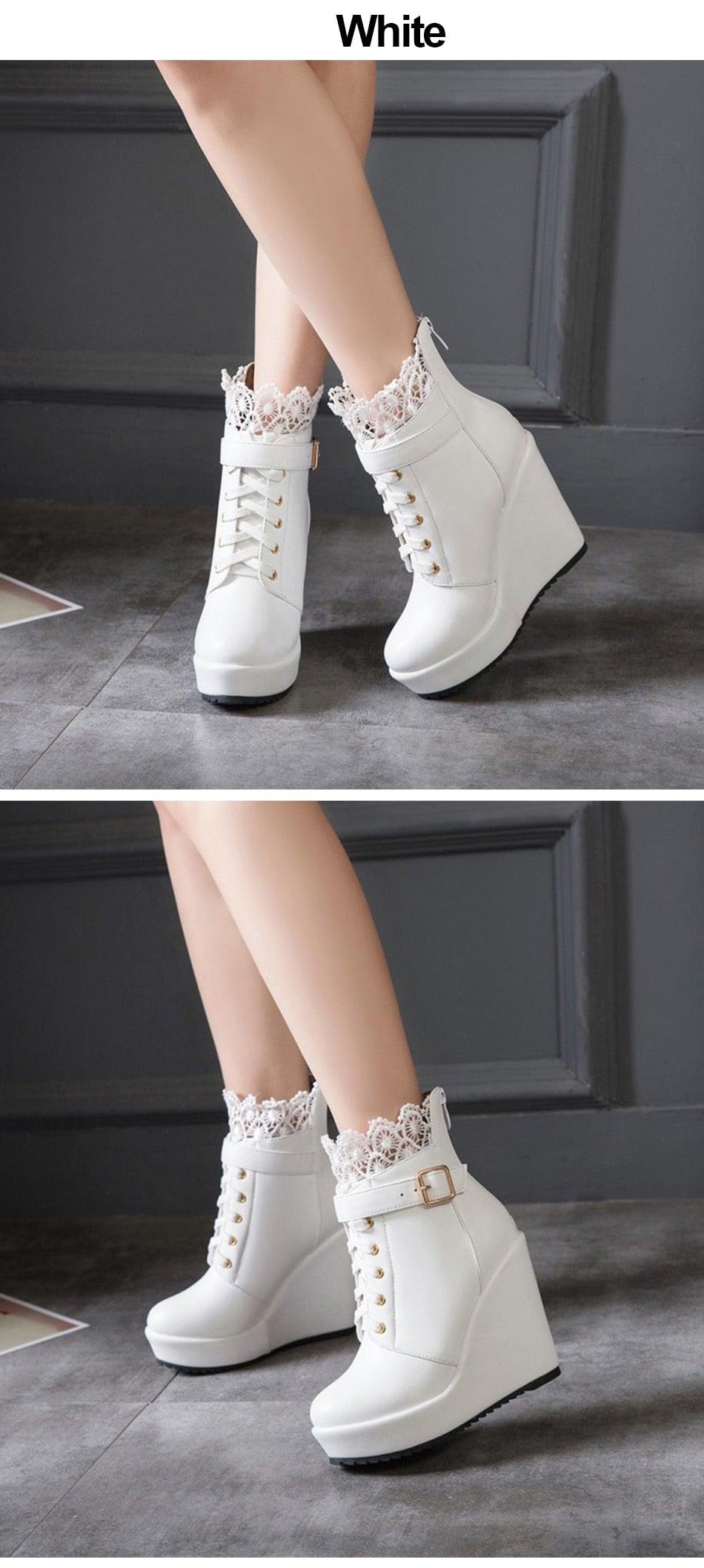 Fashion Lace Black Platform Wedge Ankle Boots For Women - Lace Up Bridal Shoes Wedding White Ladies Boots (BB2)(CD)(WO4)(BB5)(F38)(3U38) - Deals DejaVu