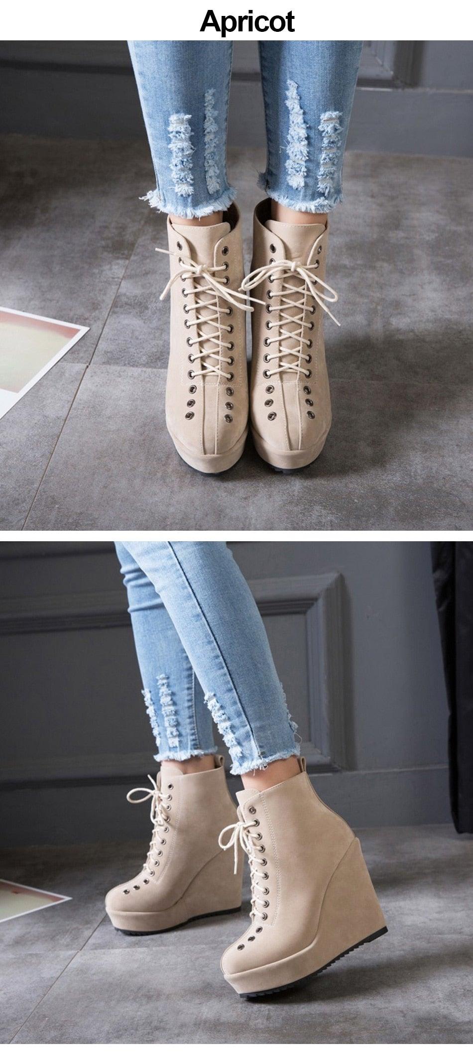 Great Lace Up Platform Women Ankle Boots - Short Winter Shoes Suede Wedge Heels Black Punk (BB2)(CD)(WO4)(BB5)(F38)(3U38) - Deals DejaVu