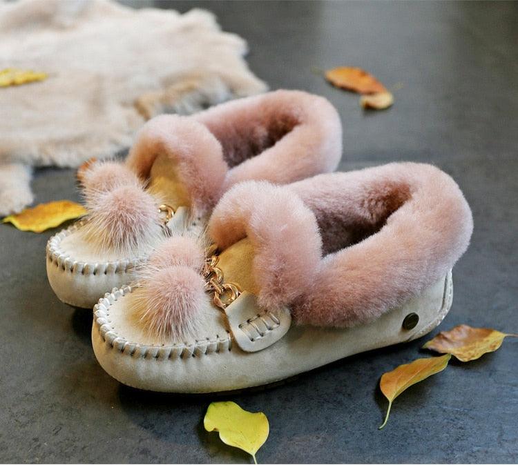 Trending Winter 100% Genuine Leather Real Wool Women Flats New Fashion Female - Plus Size Snow Shoes (FS)(CD)(1U40)(1U38)(1U107)