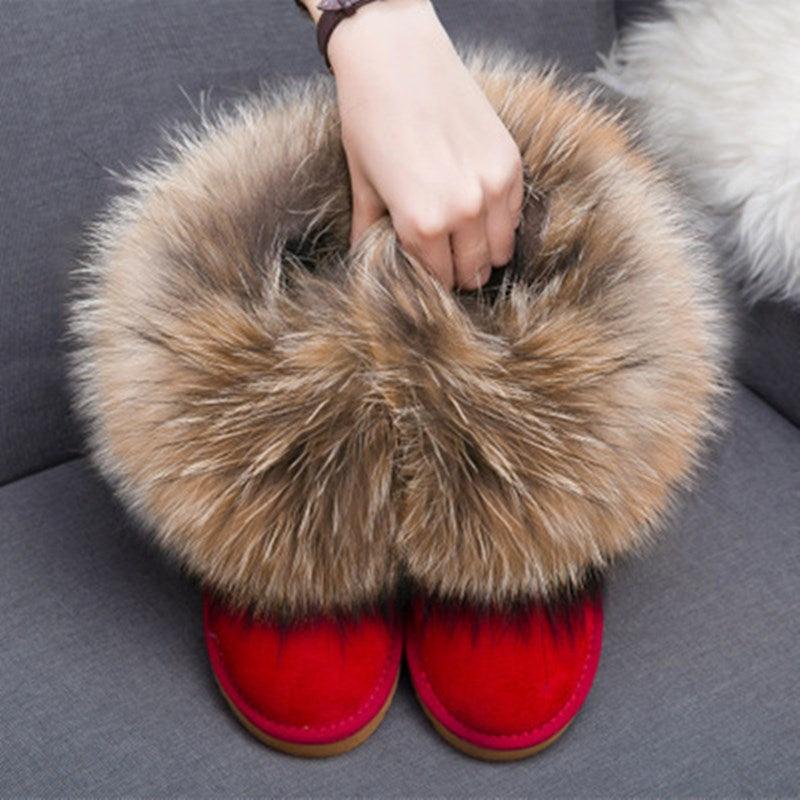 Cute Fashion Genuine Cowhide leather women's boots - real fox fur - winter warm ankle boots, various colors, plus size (FS)(CD)(1U40)(1U38)(1U107)