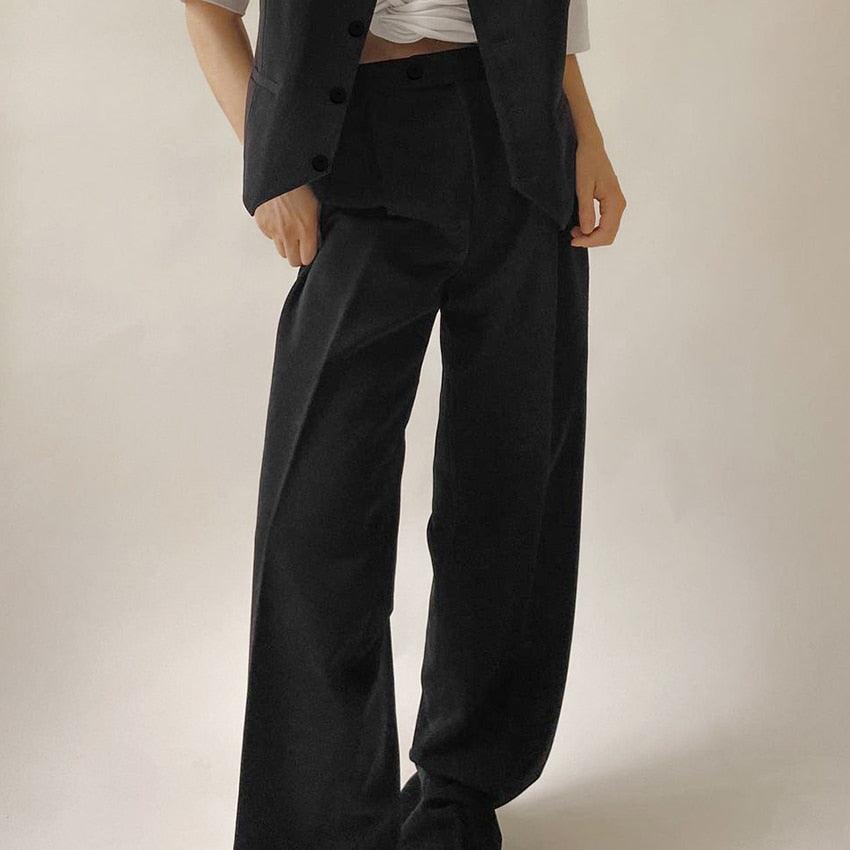 Great Office Lady Pleated Loose Zipper Wide Leg Pants - Women Solid Button Floor-Length Pants Female High Waist Trousers Autumn (D25)(BP)(1U25) - Deals DejaVu