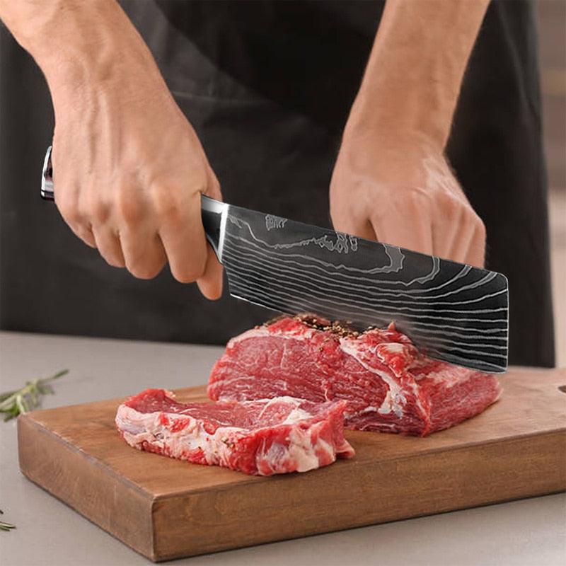 Great 8"inch Japanese Kitchen Knives - Laser Damascus Pattern Chef Knife - Sharp Santoku Cleaver Slicing Utility Knives Tool (AK5)(1U61)