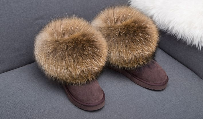 Cute Fashion Genuine Cowhide leather women's boots - real fox fur - winter warm ankle boots, various colors, plus size (FS)(CD)(1U40)(1U38)(1U107)