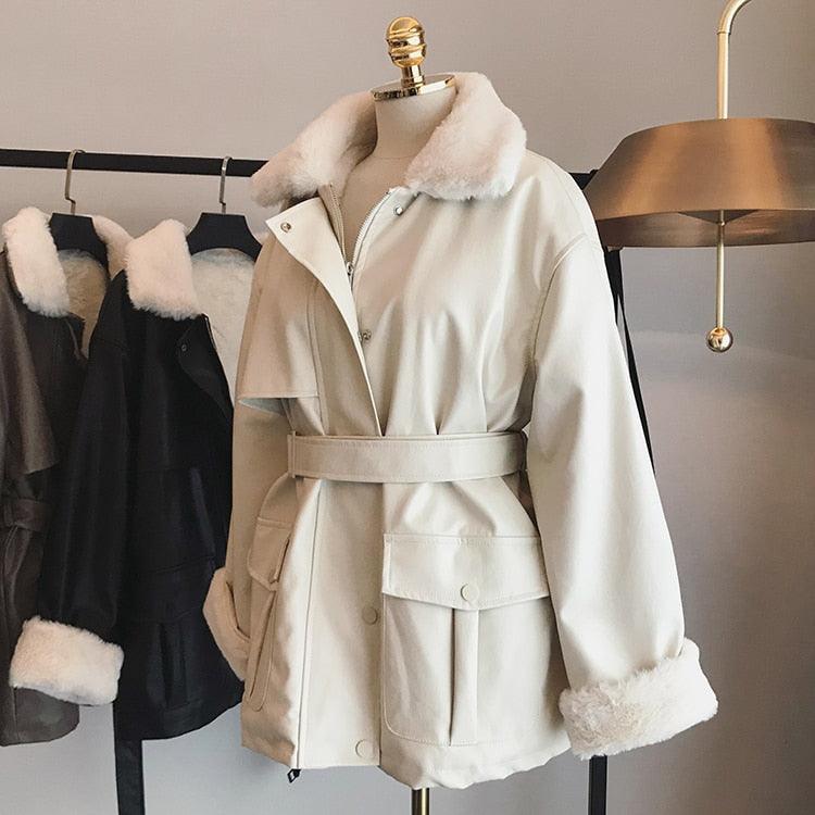 New Winter Oversized Leather Jacket - Women with Faux Rex Rabbit Fur Inside Warm Soft Thickened Fur Lined Coat Long Sleeve (TB8B)(TB8A)(TP3)(1U23) - Deals DejaVu