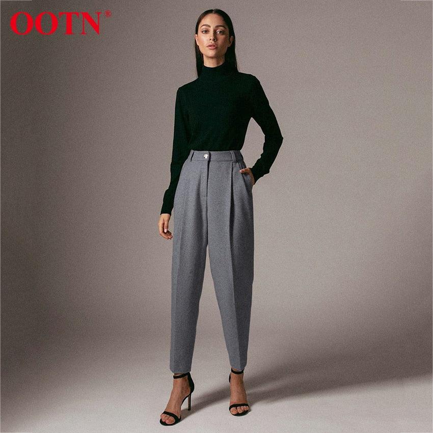 Amazing Office Work Trousers Ladies High Waist Gray Pants - Women Autumn Winter Woolen Pocket Casual Pencil Pants Female Fashion (BP)(1U25) - Deals DejaVu