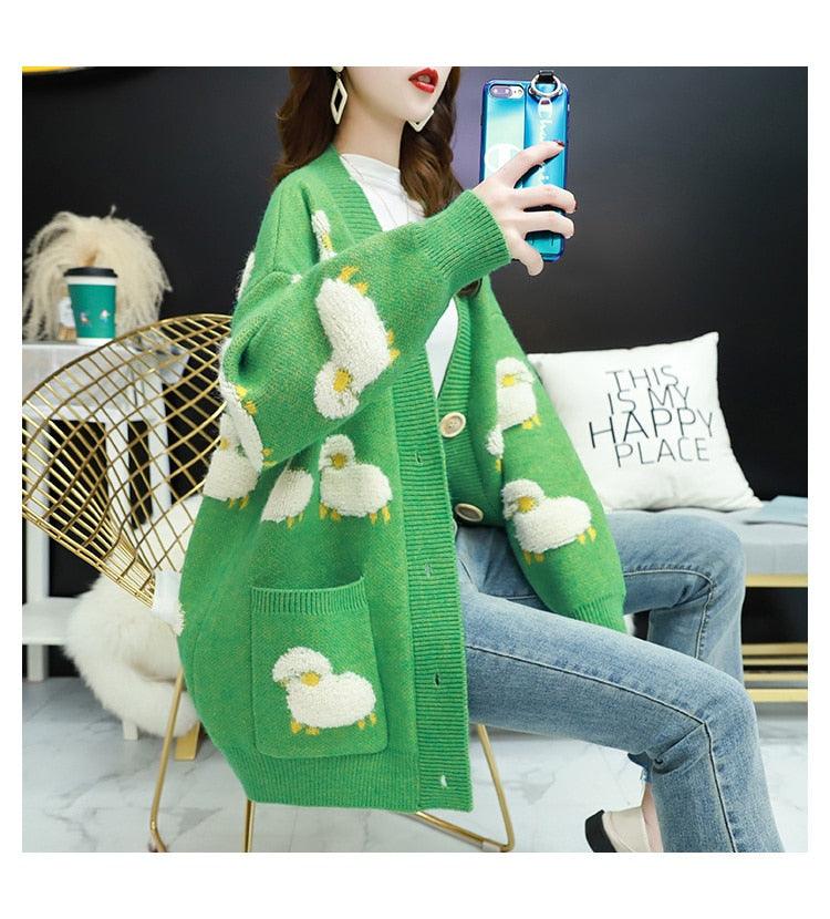 Trending Women Winter Knit Sweater Coat - V Neck Sheep Cardigans Christmas Sweaters Warm Knitwear Sueter Mujer Long Jacket (TP4)(TB8C)(BCD4)(1U23) - Deals DejaVu