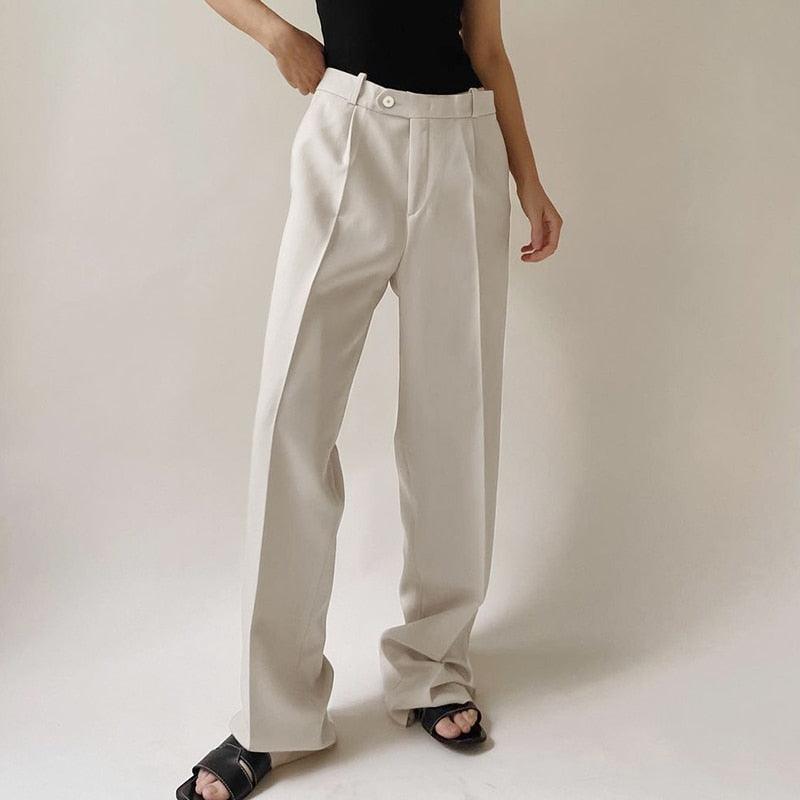 Great Office Lady Pleated Loose Zipper Wide Leg Pants - Women Solid Button Floor-Length Pants Female High Waist Trousers Autumn (D25)(BP)(1U25) - Deals DejaVu