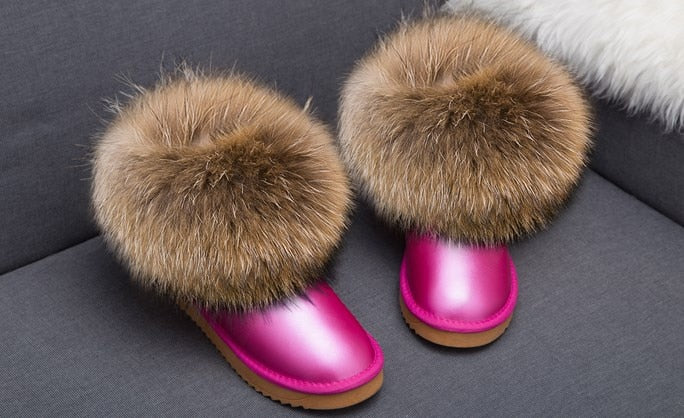 Cute Fashion Genuine Cowhide leather women's boots - real fox fur - winter warm ankle boots, various colors, plus size (FS)(CD)(1U40)(1U38)(1U107)