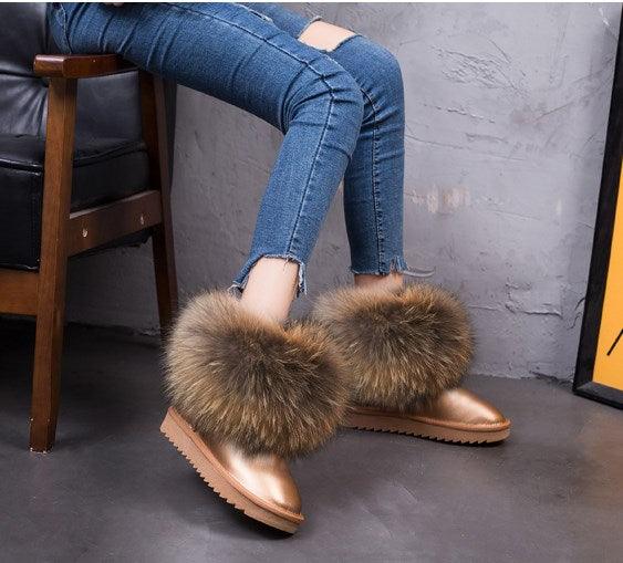 Cute Fashion Genuine Cowhide leather women's boots - real fox fur - winter warm ankle boots, various colors, plus size (FS)(CD)(1U40)(1U38)(1U107)
