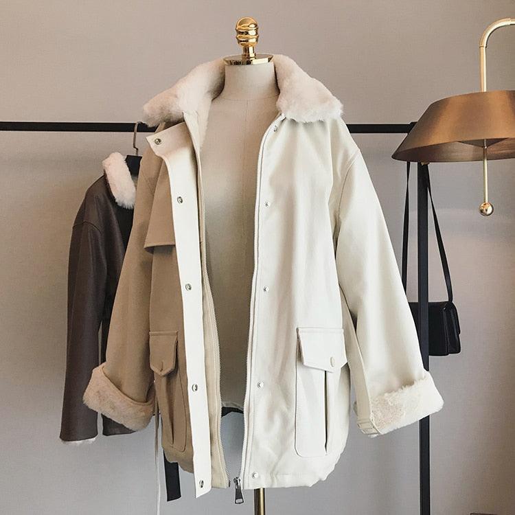 New Winter Oversized Leather Jacket - Women with Faux Rex Rabbit Fur Inside Warm Soft Thickened Fur Lined Coat Long Sleeve (TB8B)(TB8A)(TP3)(1U23) - Deals DejaVu
