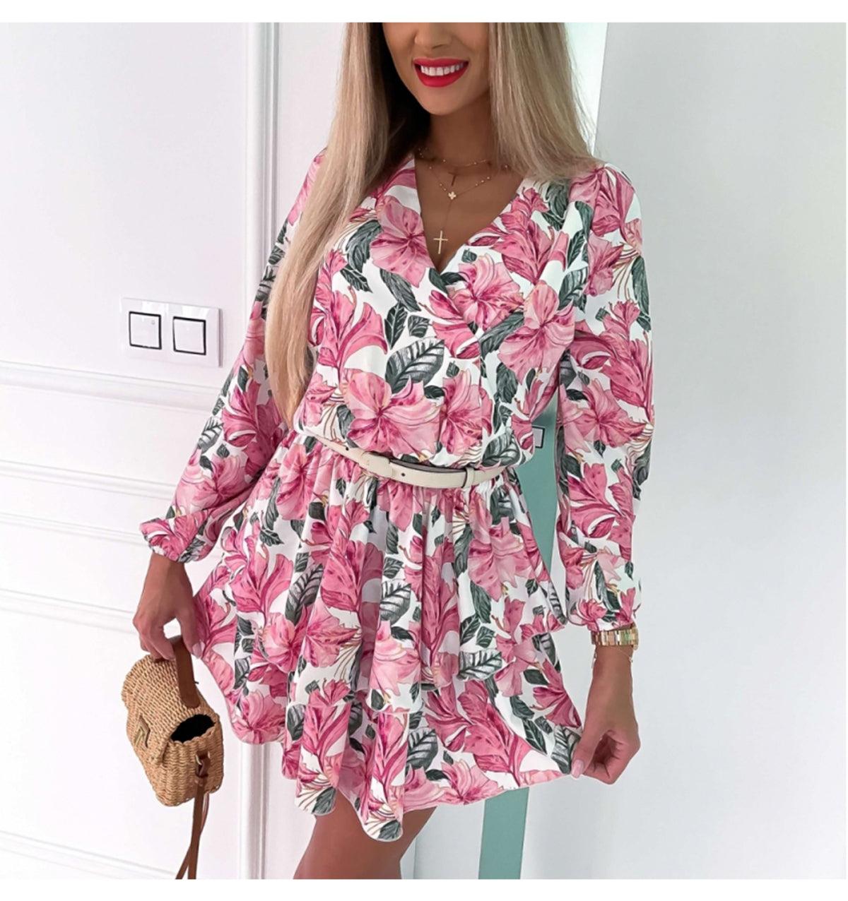 Sexy Flower Print Dresses For Women - No Belt Spring Vintage Long Sleeve -V Neck A Line Dress Elegant Mini Party Vestidos (BWD)(WS06)(F30)(2U30) - Deals DejaVu