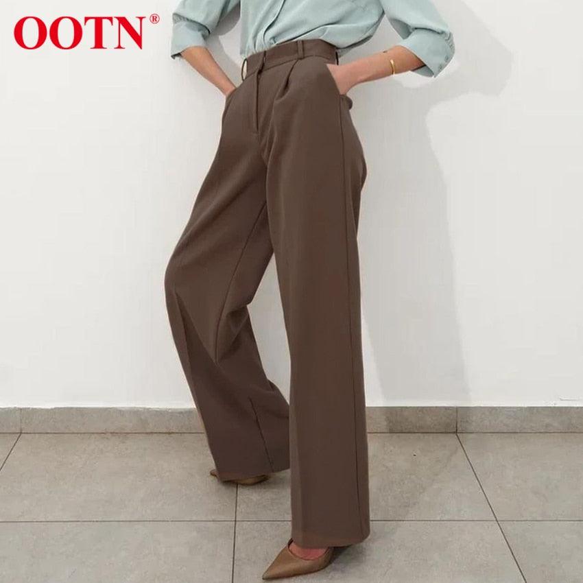 Great Office Work Lady Brown Trouser High Waist Elegant Korean Autumn Buttons Straight Pants For Women Pocket Female Pants new (BP)(1U25) - Deals DejaVu