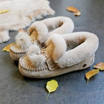 Trending Winter 100% Genuine Leather Real Wool Women Flats New Fashion Female - Plus Size Snow Shoes (FS)(CD)(1U40)(1U38)(1U107)