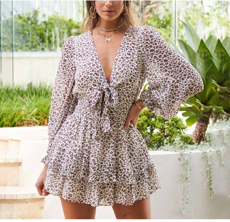 Cute V-Neck Front Bow Tie Leopard Print Sexy Mini Dress - Women Long Sleeve A-Line Ruffle Party Dresses Summer Daily Clothes (BWD)(WS06)(F30)(2U30) - Deals DejaVu