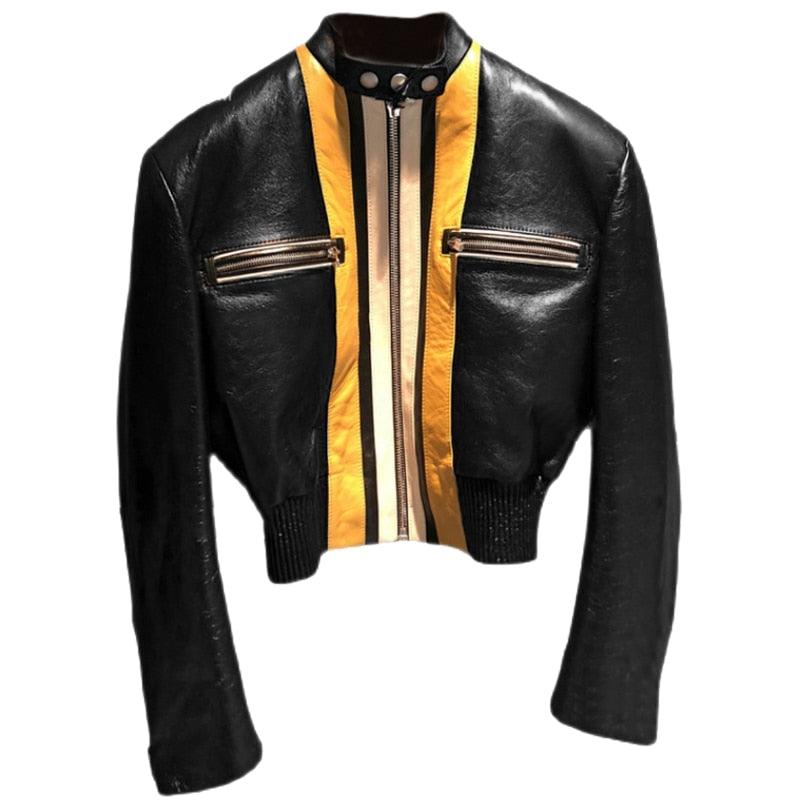 Spring Short Patchwork Faux Leather Jackets for Women - Long Sleeve Zipper Crop Top Runway Plus Size Korean Fashion 7xl (TB8B)(TB8A)(TP3)(1U23) - Deals DejaVu