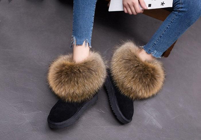 Cute Fashion Genuine Cowhide leather women's boots - real fox fur - winter warm ankle boots, various colors, plus size (FS)(CD)(1U40)(1U38)(1U107)