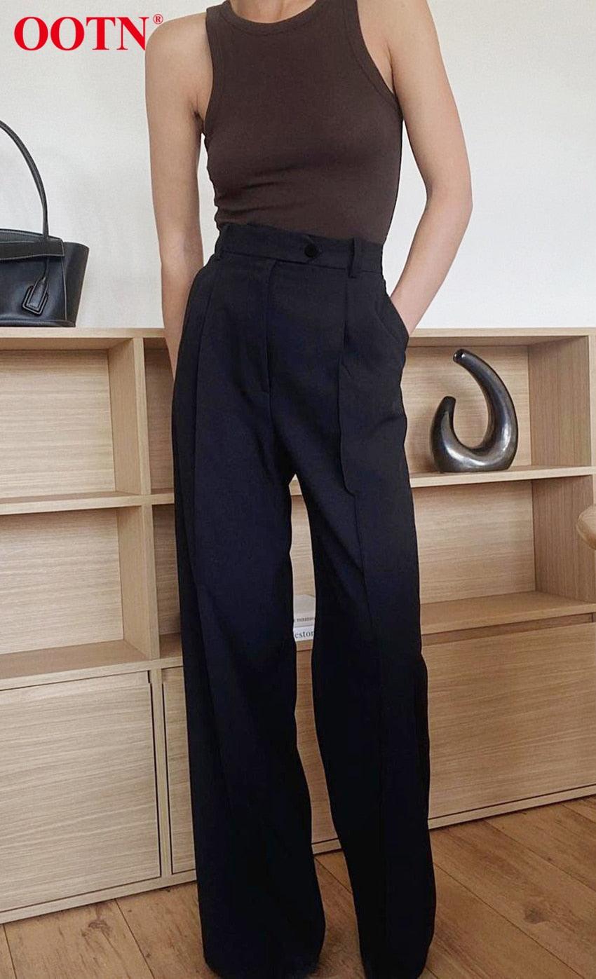 Great Office Lady Pleated Loose Zipper Wide Leg Pants - Women Solid Button Floor-Length Pants Female High Waist Trousers Autumn (D25)(BP)(1U25) - Deals DejaVu