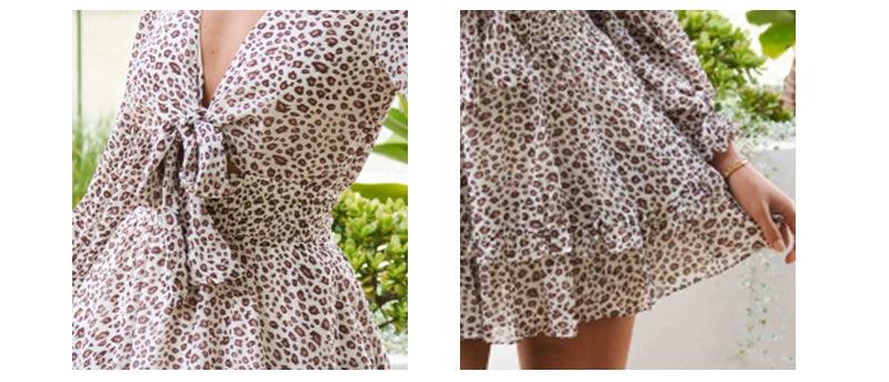 Cute V-Neck Front Bow Tie Leopard Print Sexy Mini Dress - Women Long Sleeve A-Line Ruffle Party Dresses Summer Daily Clothes (BWD)(WS06)(F30)(2U30) - Deals DejaVu