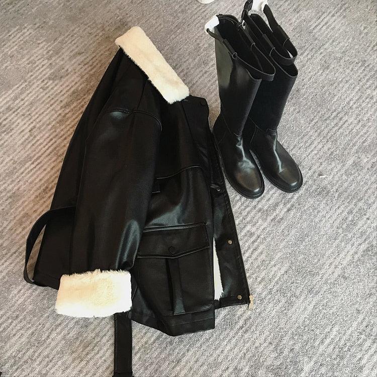 New Winter Oversized Leather Jacket - Women with Faux Rex Rabbit Fur Inside Warm Soft Thickened Fur Lined Coat Long Sleeve (TB8B)(TB8A)(TP3)(1U23) - Deals DejaVu