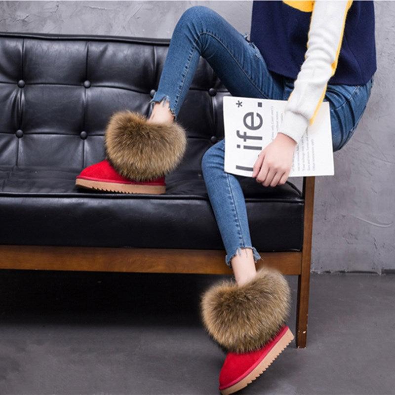 Cute Fashion Genuine Cowhide leather women's boots - real fox fur - winter warm ankle boots, various colors, plus size (FS)(CD)(1U40)(1U38)(1U107)
