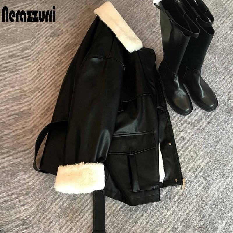 New Winter Oversized Leather Jacket - Women with Faux Rex Rabbit Fur Inside Warm Soft Thickened Fur Lined Coat Long Sleeve (TB8B)(TB8A)(TP3)(1U23) - Deals DejaVu
