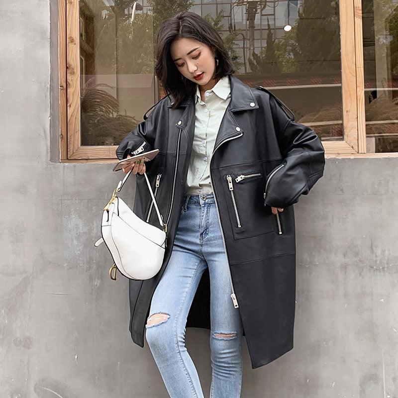 New Autumn Oversized Black Long Womens Leather Jacket - Long Sleeve Sipper Spring Loose Faux Leather Coat Streetwear (TB8B)(TB8A)(TP3)(1U23) - Deals DejaVu
