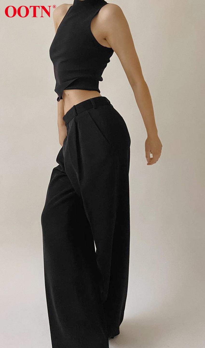 Great Office Lady Pleated Loose Zipper Wide Leg Pants - Women Solid Button Floor-Length Pants Female High Waist Trousers Autumn (D25)(BP)(1U25) - Deals DejaVu