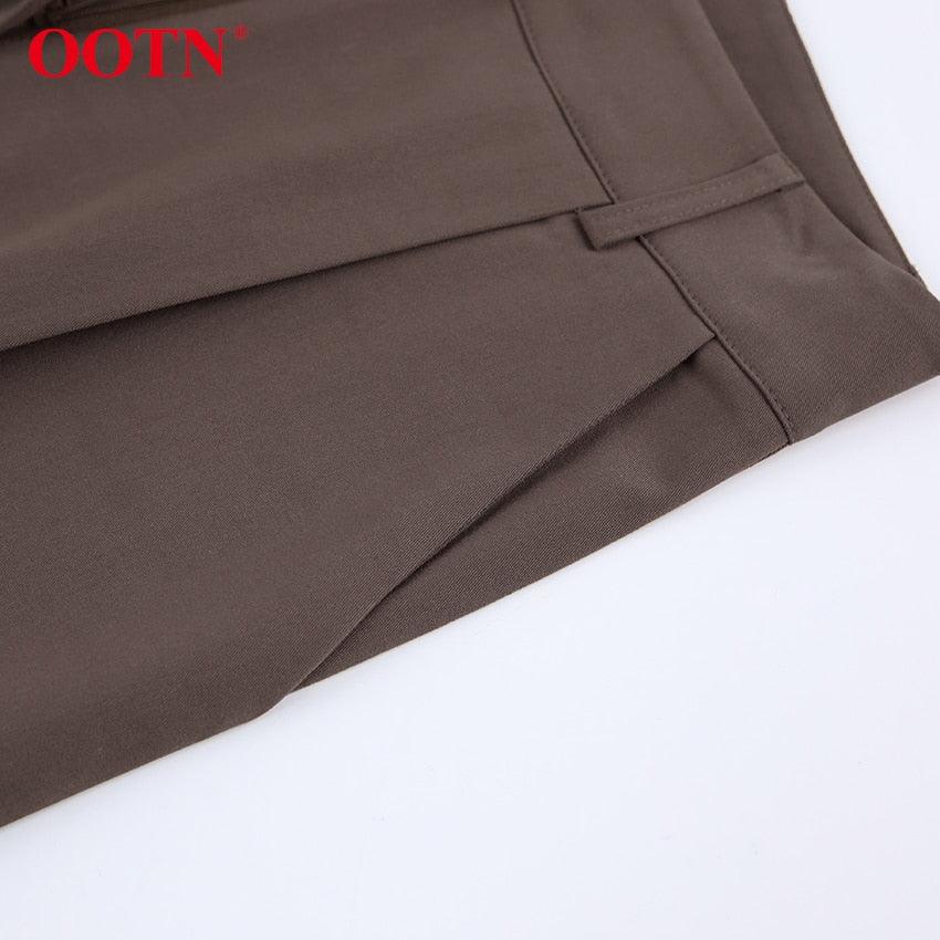 Great Office Work Lady Brown Trouser High Waist Elegant Korean Autumn Buttons Straight Pants For Women Pocket Female Pants new (BP)(1U25) - Deals DejaVu