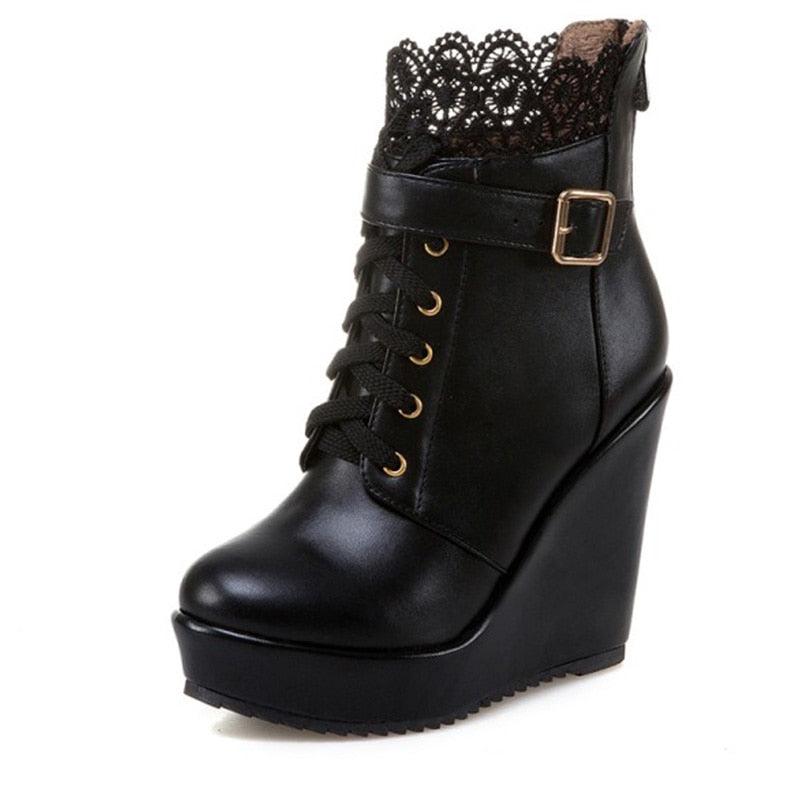 Fashion Lace Black Platform Wedge Ankle Boots For Women - Lace Up Bridal Shoes Wedding White Ladies Boots (BB2)(CD)(WO4)(BB5)(F38)(3U38) - Deals DejaVu