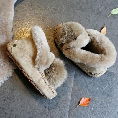 New Winter 100% Genuine Leather Real Wool Women Flats - New Fashion Female Moccasins Casual Loafers Plus Size Snow Shoes (FS)(CD)(1U40)(1U38)(1U107)