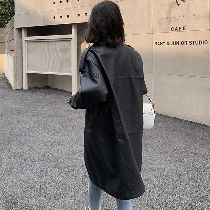 New Autumn Oversized Black Long Womens Leather Jacket - Long Sleeve Sipper Spring Loose Faux Leather Coat Streetwear (TB8B)(TB8A)(TP3)(1U23) - Deals DejaVu