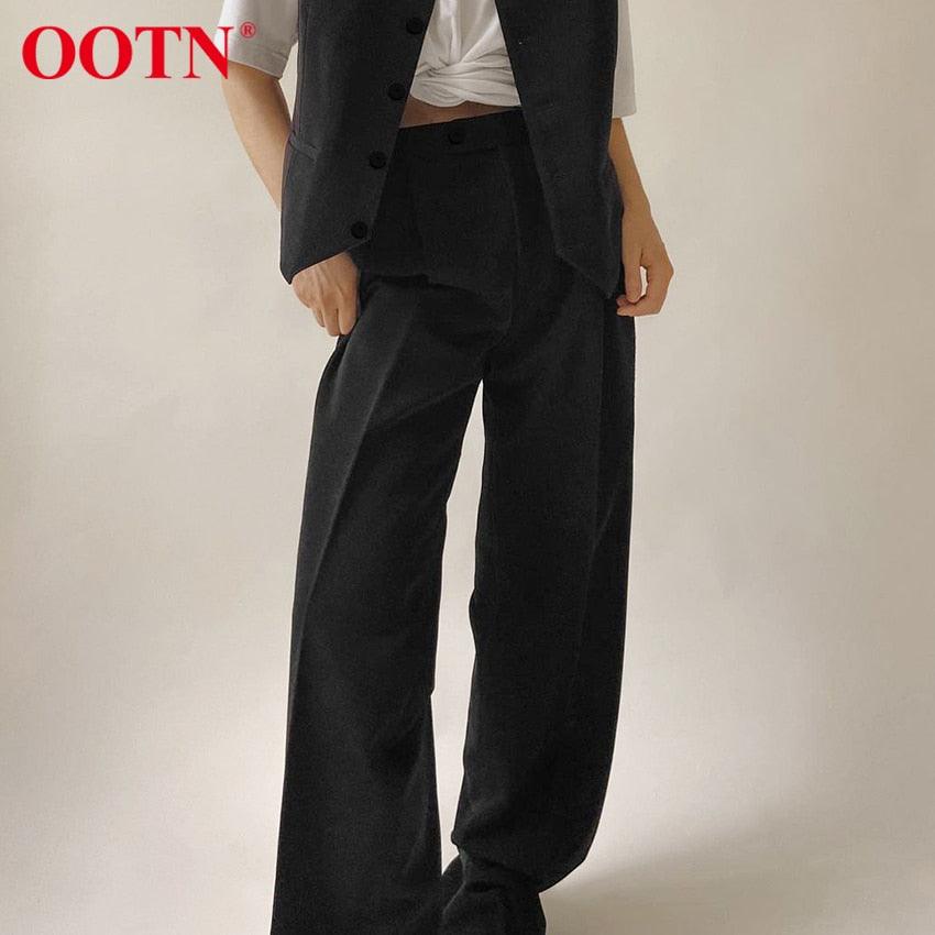 Great Office Lady Pleated Loose Zipper Wide Leg Pants - Women Solid Button Floor-Length Pants Female High Waist Trousers Autumn (D25)(BP)(1U25) - Deals DejaVu