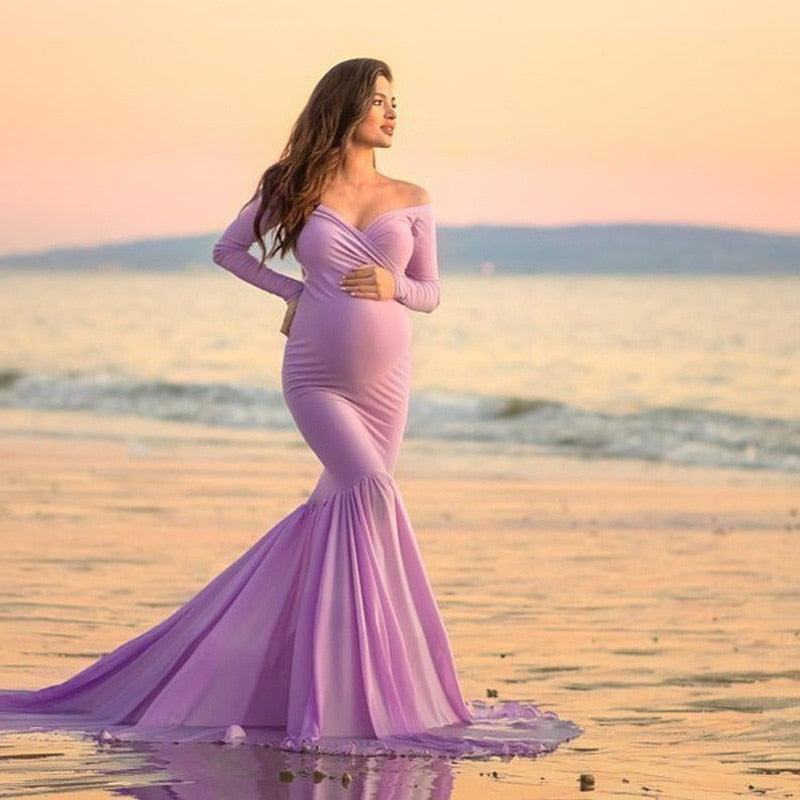 Nice Mermaid Maternity Long Dress Photo Shoot - Pregnant Women Pregnancy Cotton Chiffon Photography Prop Sexy V-Neck Maxi Gown (Z6)(1Z1)(2Z1)(3Z1)(7Z1) - Deals DejaVu